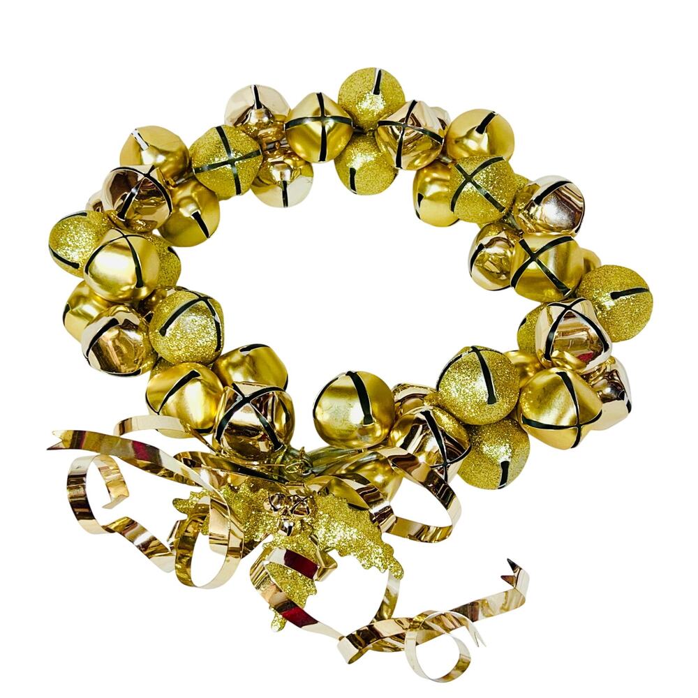 Gold Metal Jingle Bells Wreath 13" Wire Rim Gold Ribbons Christmas Decoration